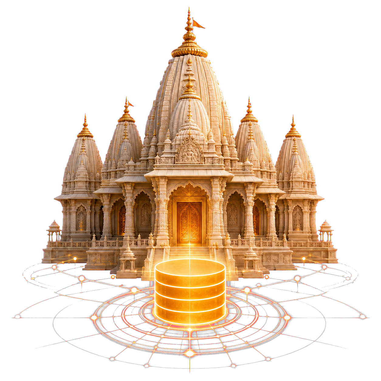 Temple connected to a centralized glowing database